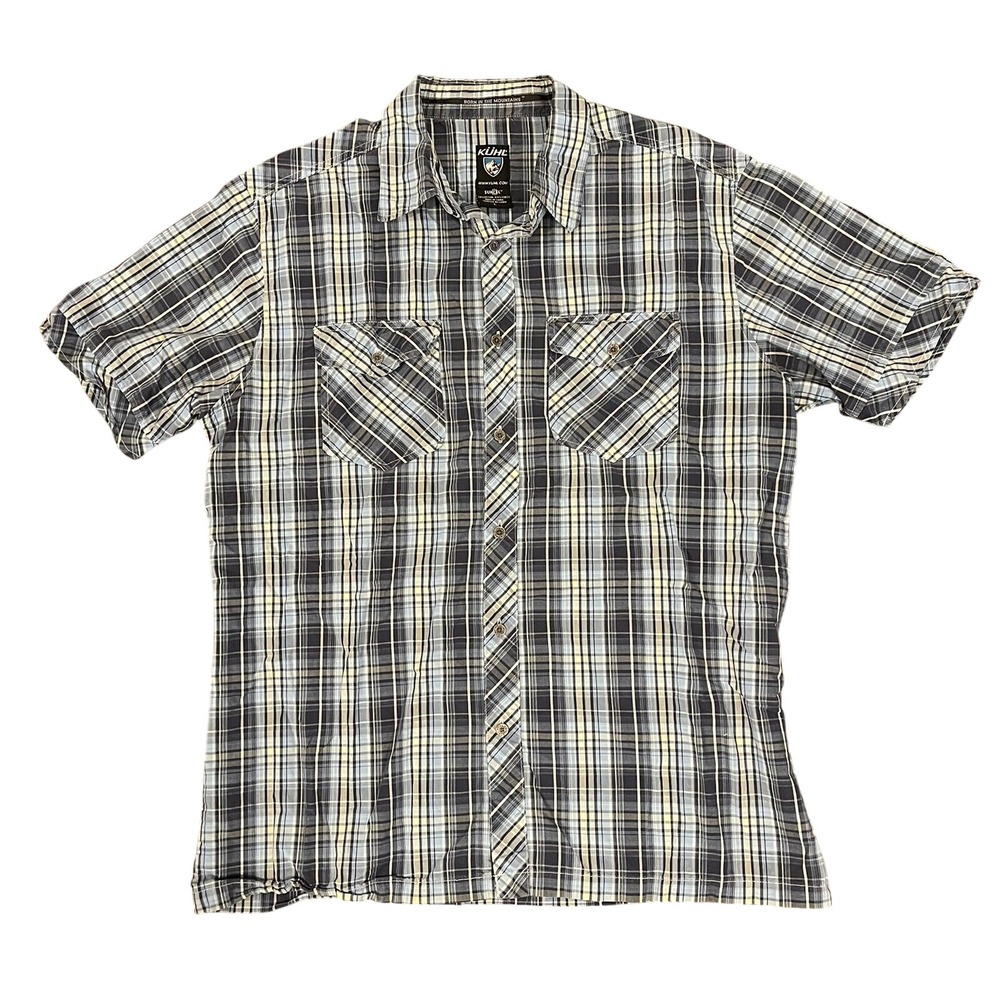 Kuhl‎ Button Down Men L Blue Plaid Sun-Cel Short Sleeve Hiking Shirt